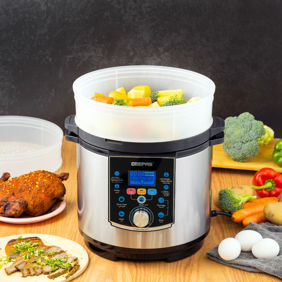 Geepas Multi Functional Pressure Cooker with Steamer & Egg Boiler GMC35037