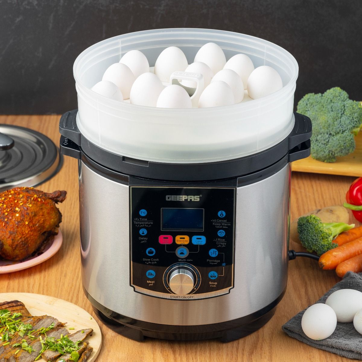 Geepas Multi Functional Pressure Cooker with Steamer & Egg Boiler GMC35037